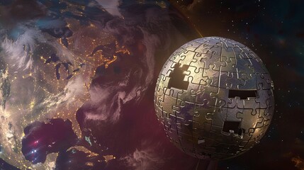 Wall Mural - A ball consisting of large puzzles, different puzzles are attracted to it, light colors, soars in space