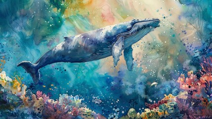 Wall Mural - whale tales of the ocean a blue fish swims in the blue waters