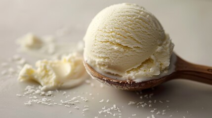 Coconut ice cream scoop showing a slight melt, on a clean light grey background to enhance the white ice cream