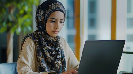 Young muslim woman wearing headscarf working on laptop in office 