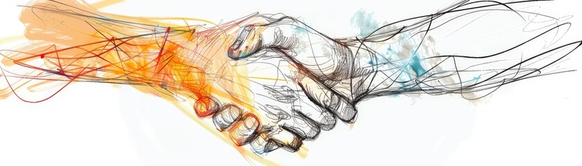 A handshake drawn in multiple line styles, representing the coming together of different perspectives in an agreement