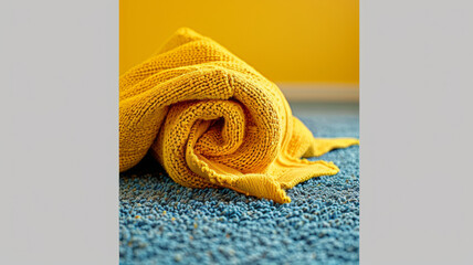 Canvas Print - A yellow blanket is rolled up on a blue carpet