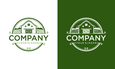 Creative Farm House concept logo. Template with farm landscape. Label for natural farm products. Black logotype isolated on white and green background. Vector illustration.