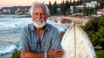 Wall Mural - A man with a beard and white hair is standing on a beach holding a surfboard