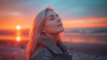 Wall Mural - A woman with blonde hair is standing on a beach, looking out at the ocean