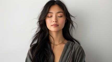 Corporate Wellness, A real photo promoting corporate wellness and self-care with a young Asian woman practicing mindfulness and relaxation against a neutral white background.