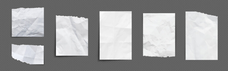 Poster - Paper pieces with wrinkles and torn edges. Realistic vector illustration set of empty white, lined and checkered pages with crumpled effect. Design mockup of blank sheet with crease and rough border.