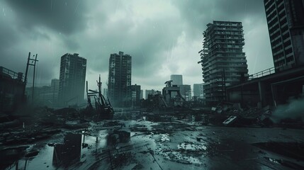 Close up photo of gloomy desolate dystopian cyberpunk city background