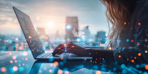 Poster - Digital transformation concept: woman on laptop connected to internet network with city technology landscape backdrop