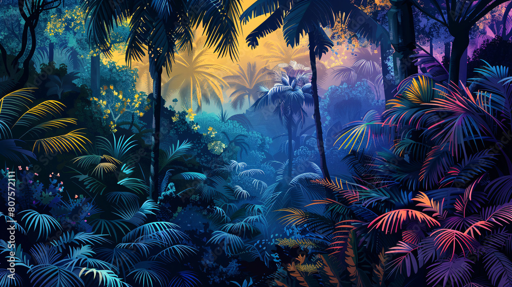 Vibrant forest scene of tropical trees, dense lush foliage pattern. Forest scene for eco-friendly background and sustainable net-zero emissions. Sustainable tropical forest and carbon neutrality.