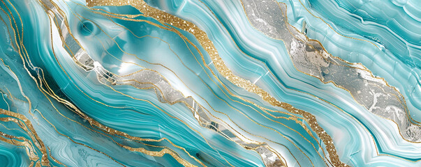 Wall Mural - Vibrant cerulean  silver marble design with golden lines reflecting high-end luxurious stone style