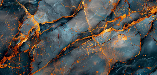 Wall Mural - Vivid cinnamon  midnight blue marble design with golden streaks portraying a luxurious faux stone appearance