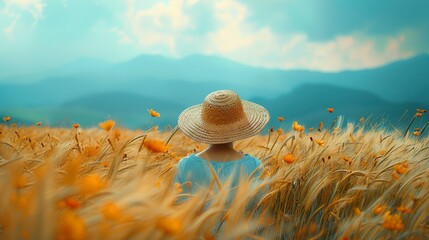 Wall Mural - A contemplative soul meander through a sea of amber grains, her back to the camera, inviting us to join in her silent reverie