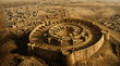 Aerial view of an ancient circular fortress in a desert setting