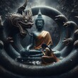 An old image of a Buddha in a meditation posture with traditional Thai characteristics, white skin, and a distinctive and striking figure. Gives the feeling of a heavy rain atmosphere. There were wome