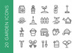 Garden icons set. A collection of 20 essential gardening symbols including tools, plants, and equipment, ideal for landscaping themes, horticultural websites. Vector illustration