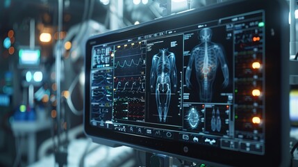 Poster - Close up of an old black digital display with medical images on it in a dark room. Generative AI.