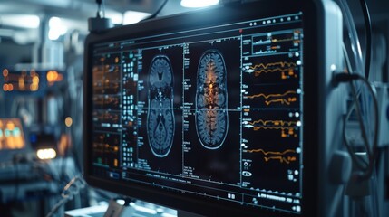 Poster - Close up of an old black digital display with medical images on it in a dark room. Generative AI.