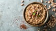 A beloved side dish, home-made refried pinto beans puree, is depicted in a black bowl over a gray concrete backdrop delectable topping and space, Generative AI.