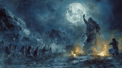 Mystical sketch of a shaman performing a ritual dance to invoke blessings for a hunt, surrounded by tribal members under a moonlit night