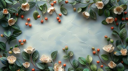 Poster - A card with a delicate frame of intertwining botanical elements, such as vines, leaves, and small blooms. The frame should leave a central space for a personalized message. Generative AI.
