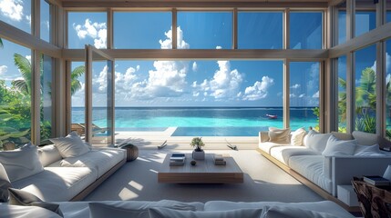 Poster - A living room in a modern house overlooking the ocean. Generative AI.