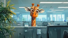 A Giraffe Is Peeking Over A Cubicle Wall In An Office.