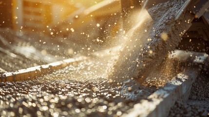 Wall Mural - cement truck's chute pouring a thick stream of wet cement onto a wooden formwork, with dust particles swirling in the air and sunlight reflecting off the shiny surface of the cement. 