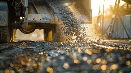 Wall Mural - cement truck's chute pouring a thick stream of wet cement onto a wooden formwork, with dust particles swirling in the air and sunlight reflecting off the shiny surface of the cement. 