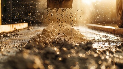 Wall Mural - cement truck's chute pouring a thick stream of wet cement onto a wooden formwork, with dust particles swirling in the air and sunlight reflecting off the shiny surface of the cement. 