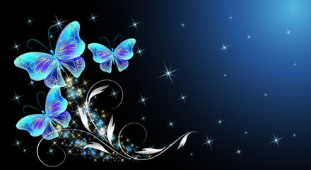 Wall Mural - Fairytale night sky with magical blue butterflies and floral ornament and stars. Fantasy sparkle background.