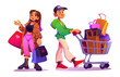 Man with shopping cart. Woman after mall with bag. Shopper people character buy gift in market cartoon set. Girl customer purchase package in market. Isolated boy carrying trolley