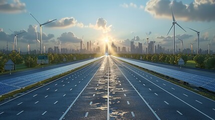 Poster - Urban under construction, vibrant, hyper highway, solar panels, wind turbines, green energy. Generative AI.
