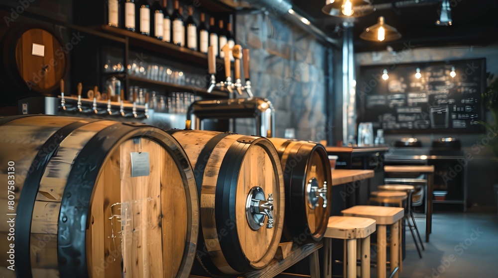 interior inside modern beer bar at a craft brewery with wooden tanks ...