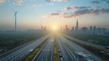 Poster - The city is under construction, vibrant, has a hyper highway, solar panels, wind turbines, and a green energy infrastructure. Generative AI.