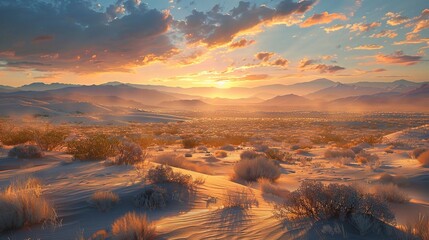 Sticker - golden light of sunset illuminates the sandy dunes of the desert