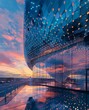 Low angle view of futuristic office building with curve glass windows at sunrise with refection
