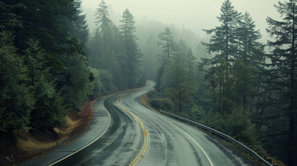 Canvas Print - A road with a curve and trees in the background