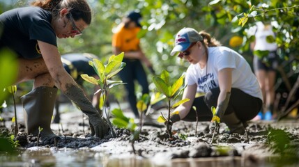 reforestation efforts, volunteers planting mangrove trees, demonstrating restoration and conservatio
