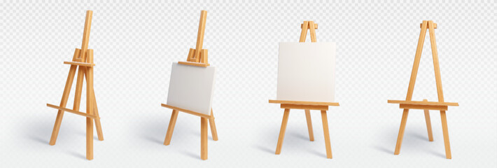 Wood easel stand with art board isolated vector mockup. 3d painter canvas tripod for display artist drawing in gallery exhibition. Whiteboard object for creative studio class realistic equipment set