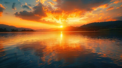Sticker - serene beauty of a sunrise reflected in the calm waters of a tranquil lake