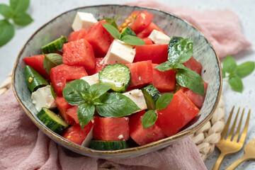 Wall Mural - Watermelon salad with feta cheese and basil. healthy summer dessert