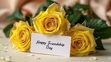 A Close Shot Of Yellow Roses With Light Beiges Backdrop With Written Friendship Day Over A Clean White Backdrop For Text Or Product Advertisement, Generative AI.