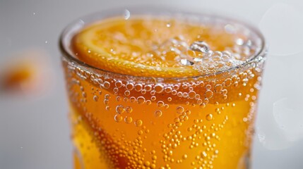 Wall Mural - Subtle Citrus, A tall glass of sparkling orange juice with droplets condensing on the outside, set against a soft white backdrop.