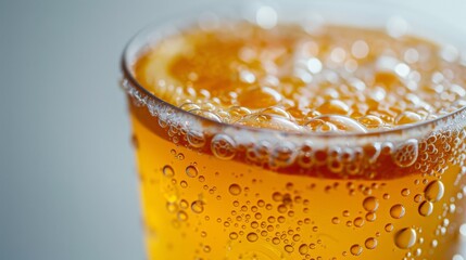 Wall Mural - Subtle Citrus, A tall glass of sparkling orange juice with droplets condensing on the outside, set against a soft white backdrop.