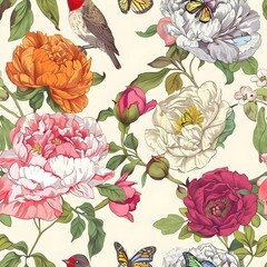 Floral seamless pattern with garden flowers peonies, bird and butterflies