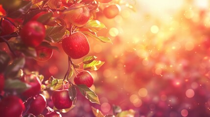 Red apples on a tree branch in an apple orchard at sunset, with a summer background.