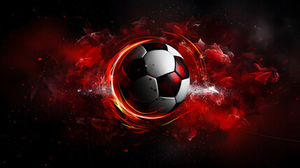 3D rendering of a black and white soccer ball burning with hot flames on a red background under a spotlight background.