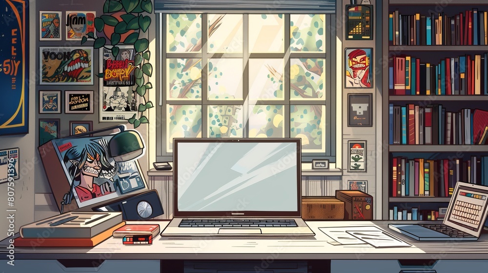 Creative Haven Comic Book Artist's Studio with Blank Laptop Screen ...