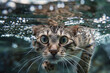 Surprised cat swimming under water
